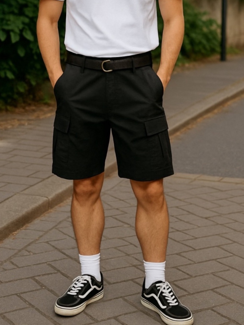 Men's Black shorts Size 30 with multiple pockets and belt.